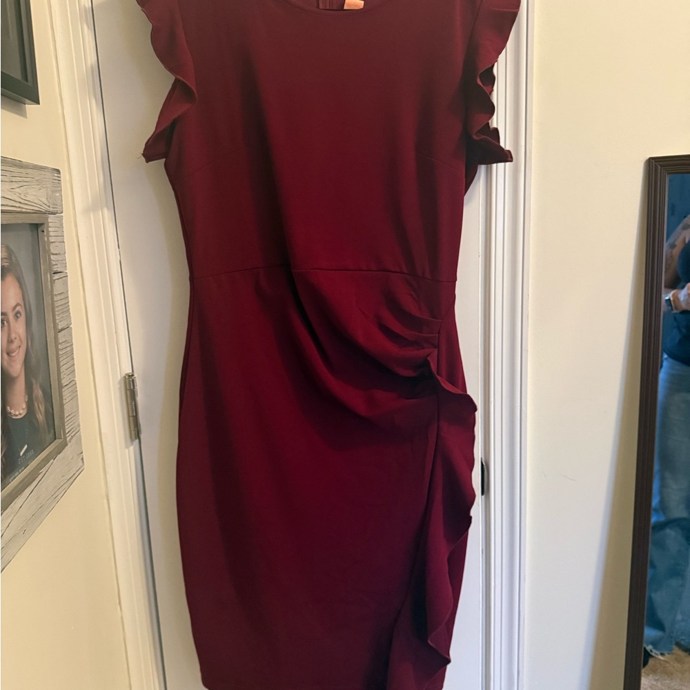 Miusol Burgundy Midi Dress with Ruffle Sleeves